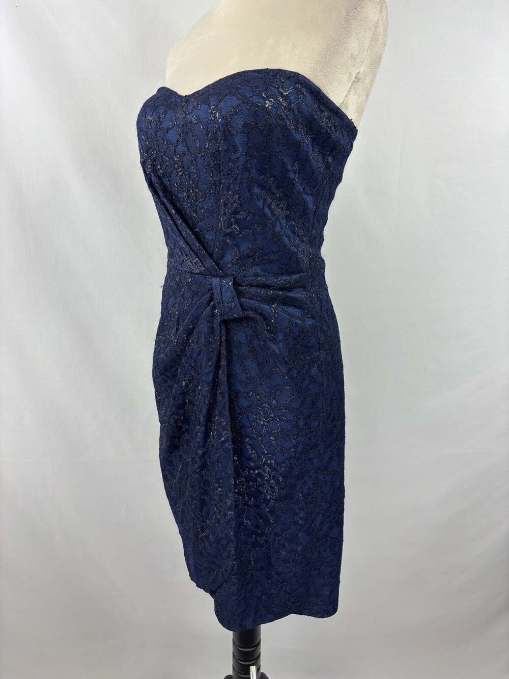 David Meister Strapless Cocktail Dress Blue Black Lace Metallic 6 Boning